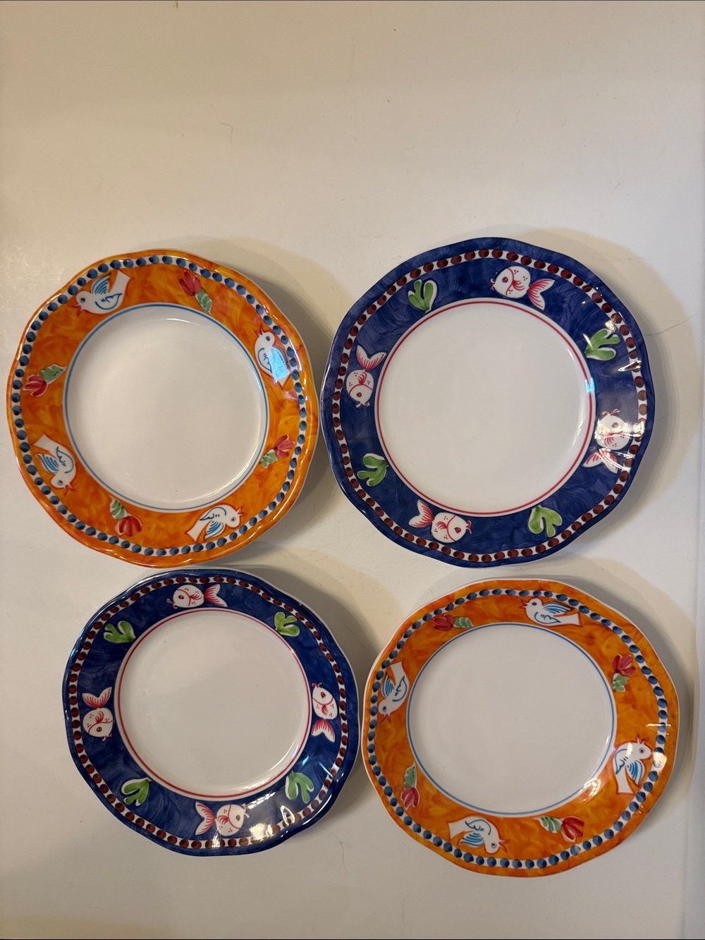 VIETRI MELAMINE CAMPAGNA SET OF 4 NEW SALAD/DESSERT PLATE FISH BIRDS ITALY